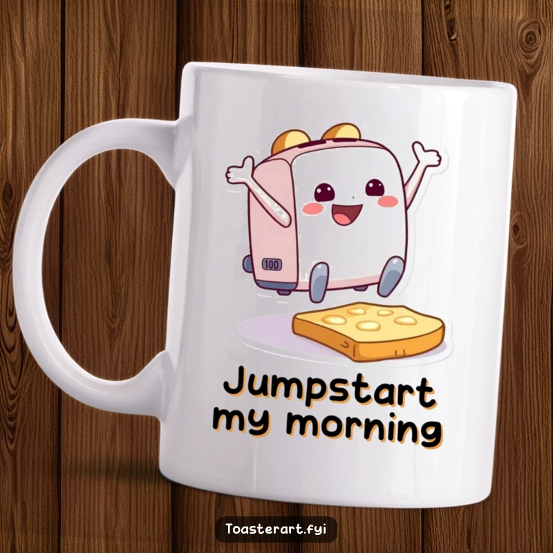 Funny Mug featuring an ecstatic toaster character captured mid-leap, joyfully landing on a slice of toast with pure bliss.