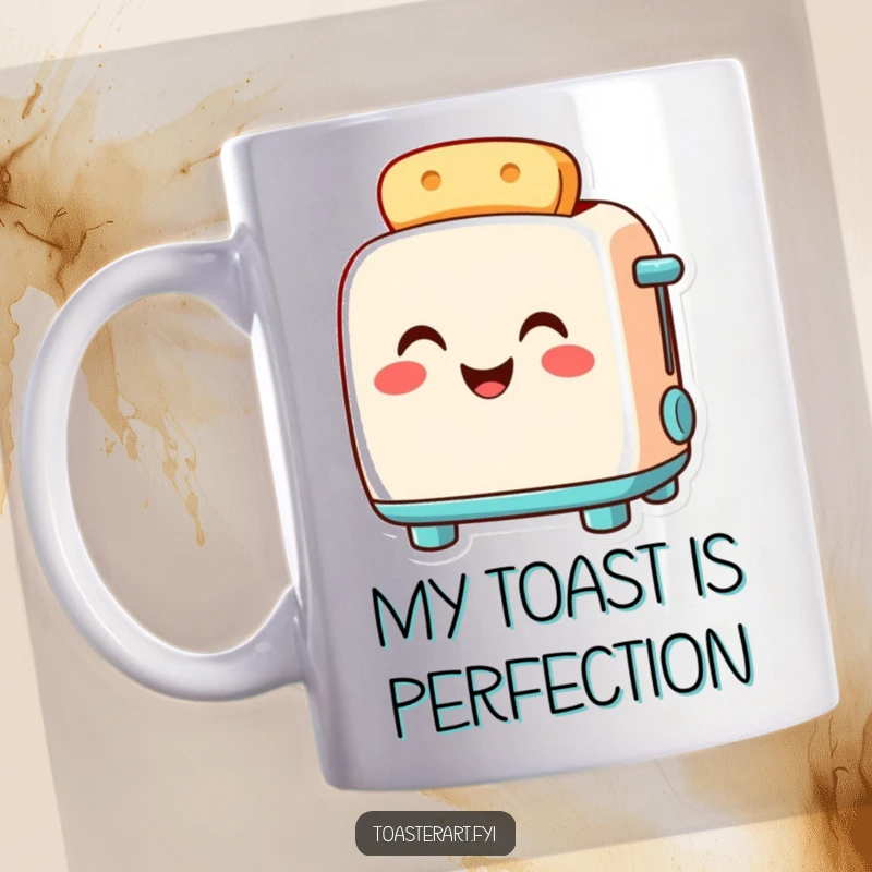 Funny toaster mug featuring a smiling, pride-filled toaster character glowing warmly, perfect for a cheerful morning brew.
