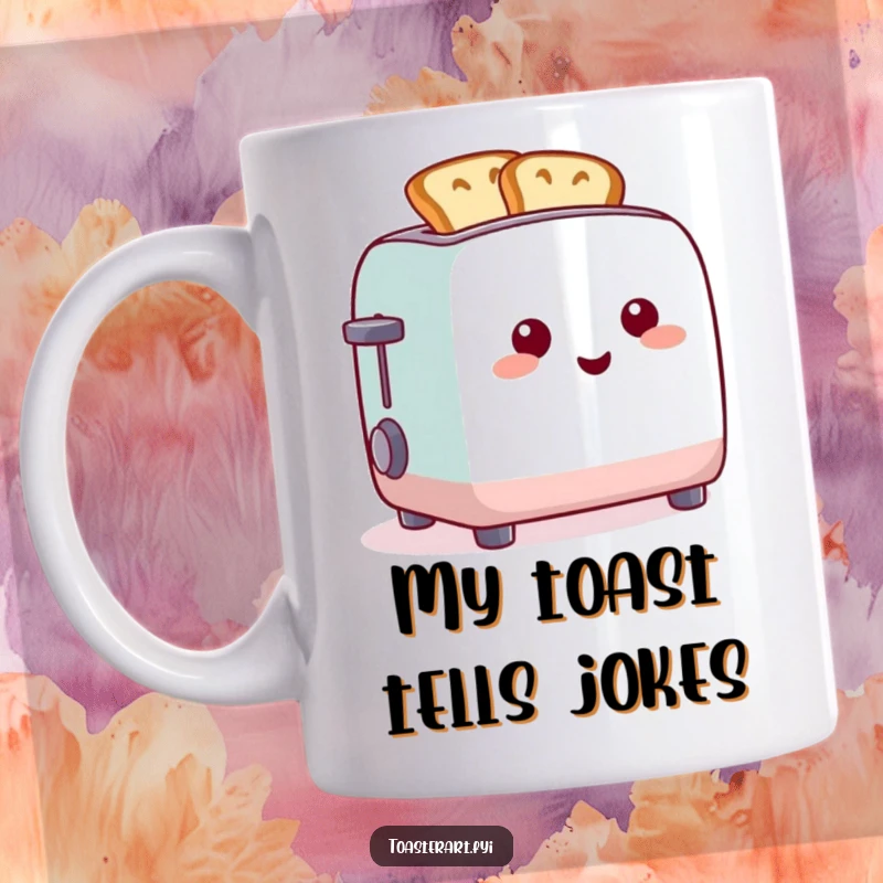 Funny mug art of a cheerful toaster with toast expertly shaped into funny, whimsical forms.
