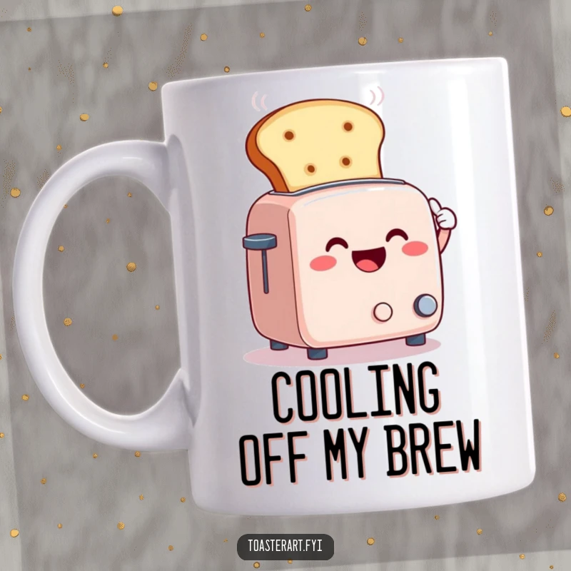 Funny mug with a smiling toaster character joyfully fanning away steam using a giant slice of bread, a humorous kitchen scene.
