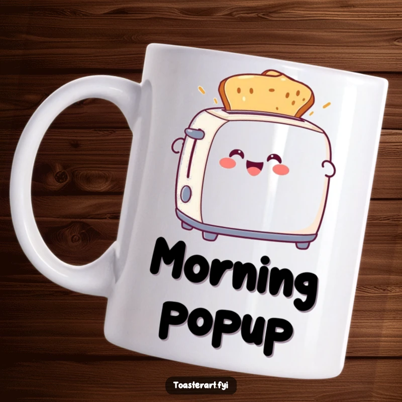 Funny mug featuring a happy toaster character joyfully ejecting golden-brown toast. Celebrates perfect breakfast moments.