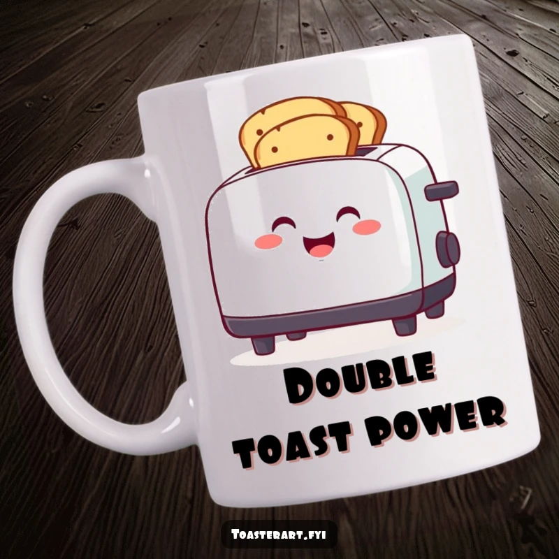 Funny smiling toaster character gleefully toasting multiple slices of bread at once, a humorous mug.