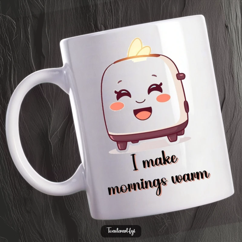 Funny mug featuring a delighted toaster character glowing warmly with a friendly smile, embodying cheerful morning energy.