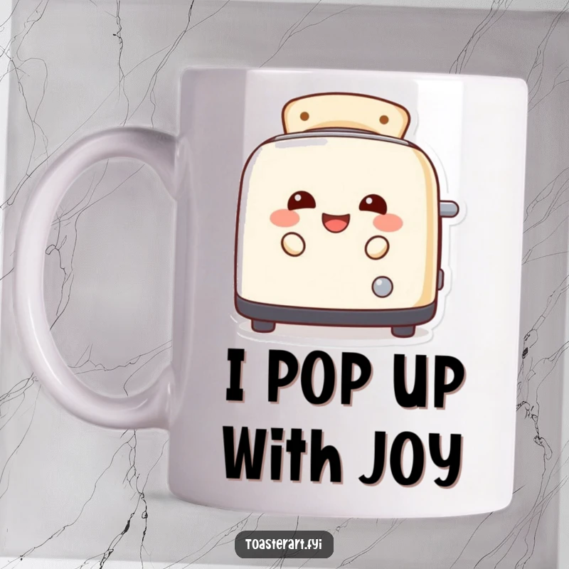 Funny, laughing toaster character with a mischievous grin peeking out from toast slots on a mug, bringing humor to coffee time.