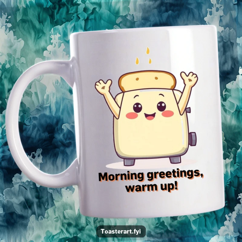 Funny smiling toaster character with toast arms raised in a happy wave, a cheerful mug design.