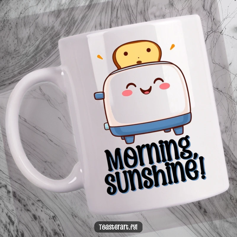Funny mug featuring a grinning toaster character excitedly popping up golden-brown toast, perfect for a cheerful morning.