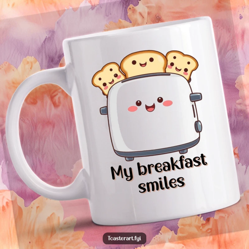 Funny mug with a happy toaster character popping up toast slices, each with a unique, smiling face.