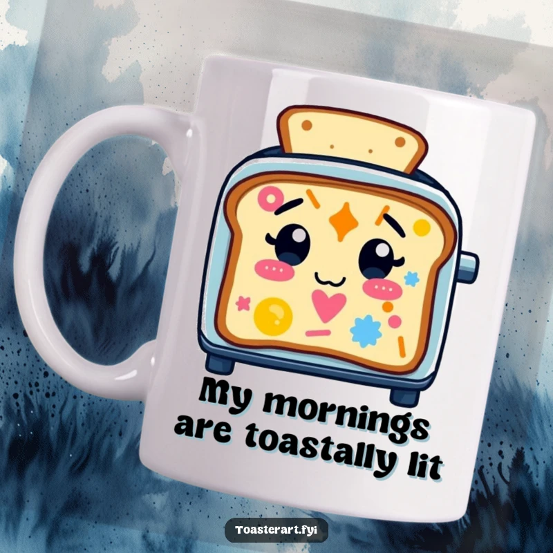 Funny Mug featuring a playful toaster character joyfully creating colorful abstract patterns on slices of toast, a delightful kitchen scene.