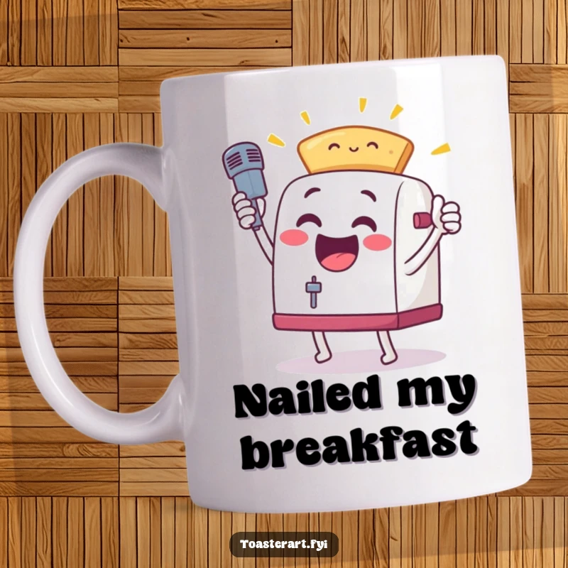 Funny, excited toaster character in a mic drop pose holding toast, featured on a mug, celebrating breakfast perfection with humor.