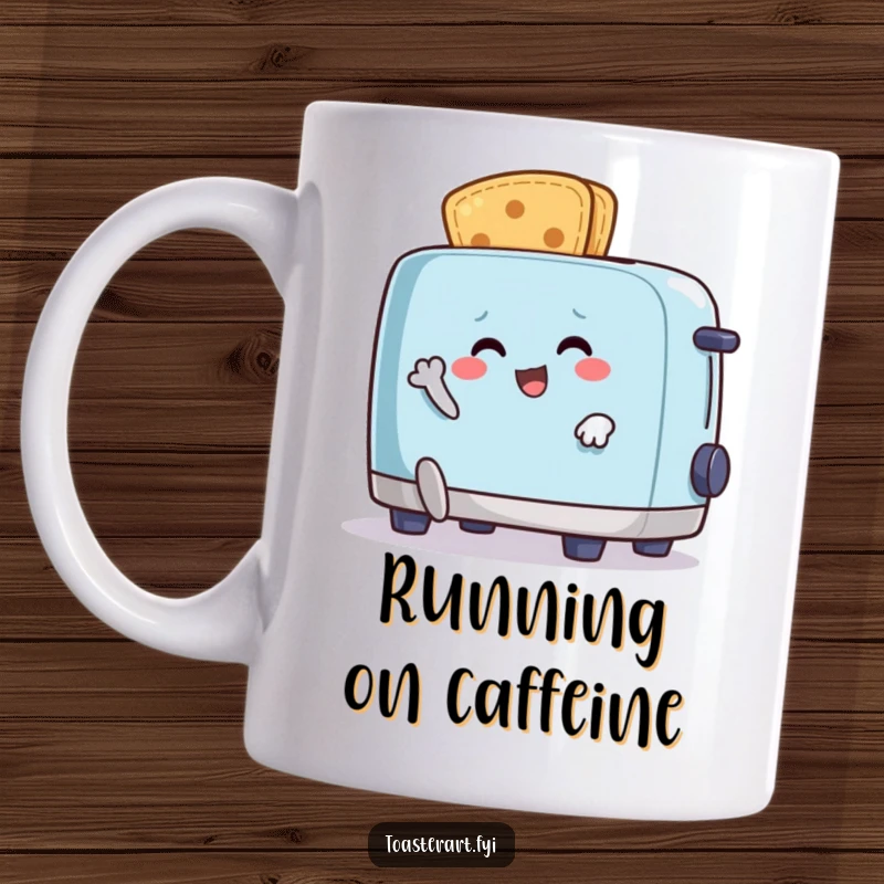 Funny mug featuring a happy crumb character comically running from an animated toaster, depicting breakfast escape humor.