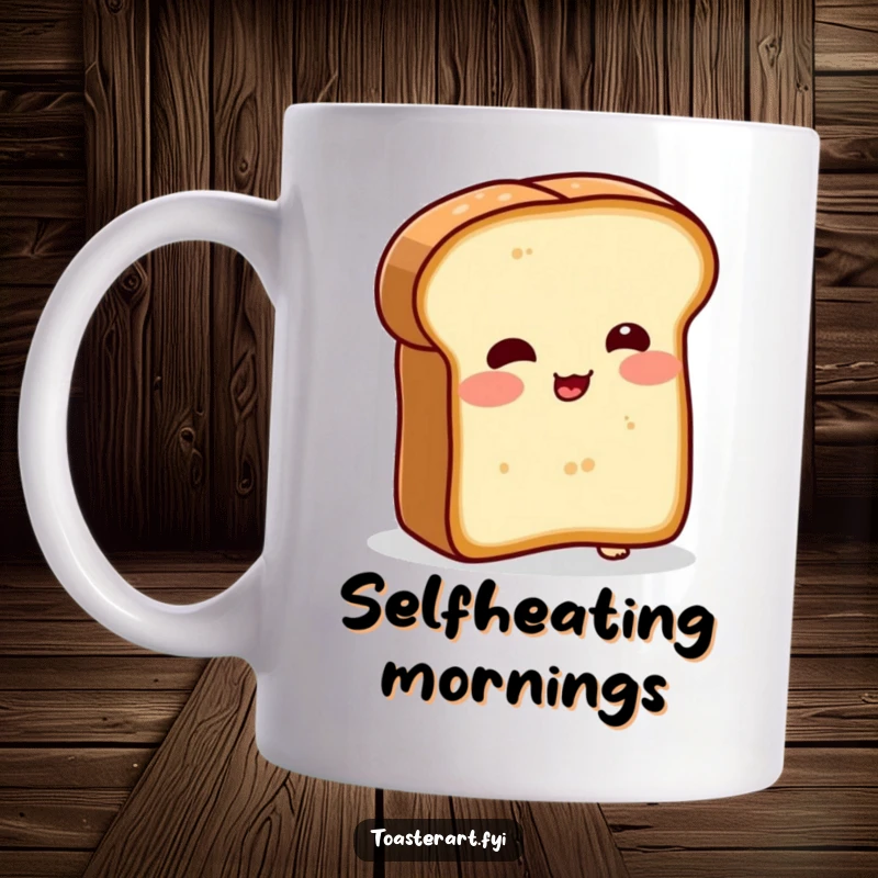 Funny mug featuring a shy, blushing bread slice character comically attempting to toast itself. Captures a relatable, humorous moment.