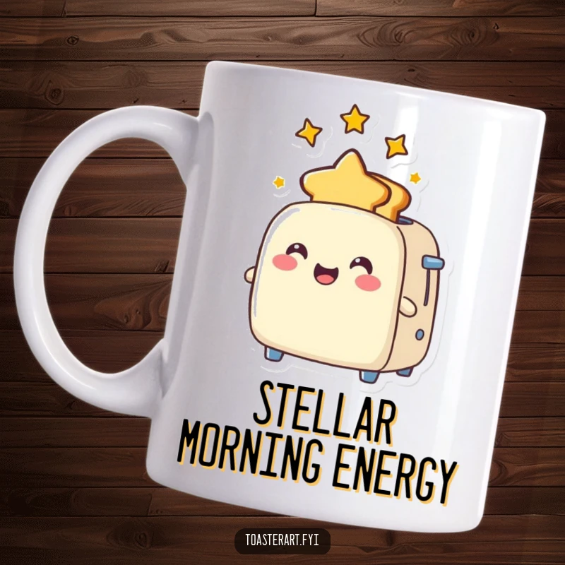Funny Mug featuring a joyful toaster character happily popping out toast shaped like stars, radiating pure delight.