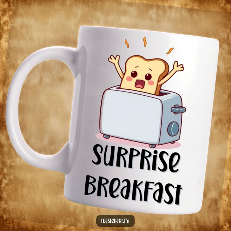 Funny mug featuring a scared piece of toast comically frozen mid-air from a toaster, capturing a moment of breakfast panic.