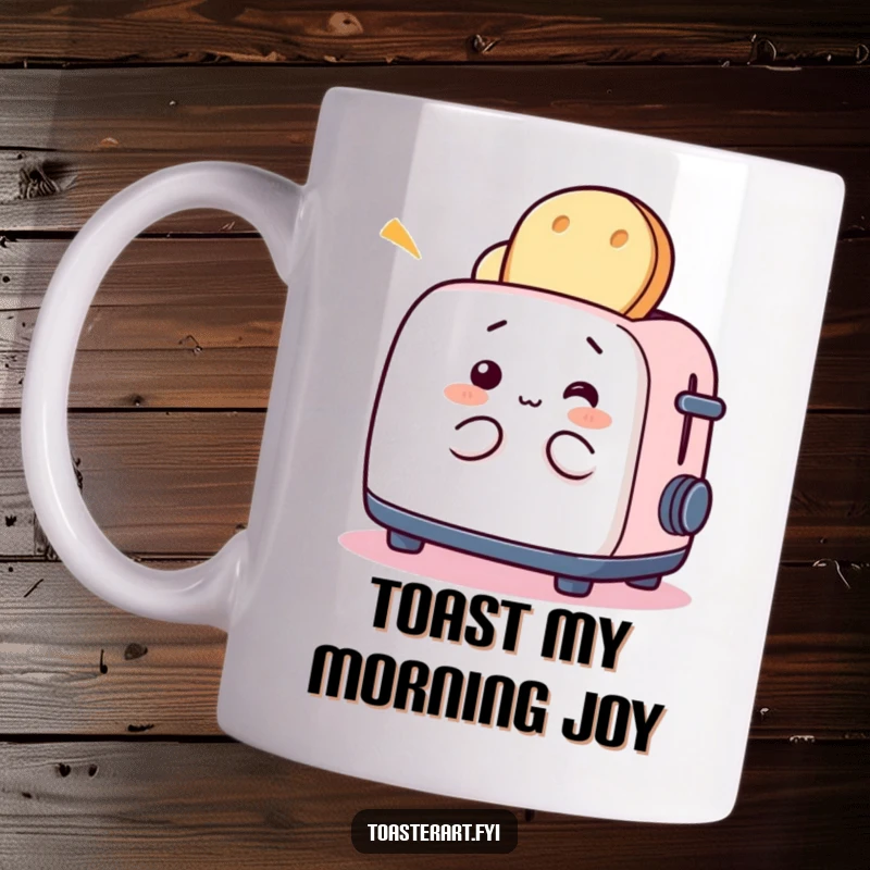 Funny mug with a whimsical toaster character enthusiastically playing with slices of bread, celebrating breakfast fun.