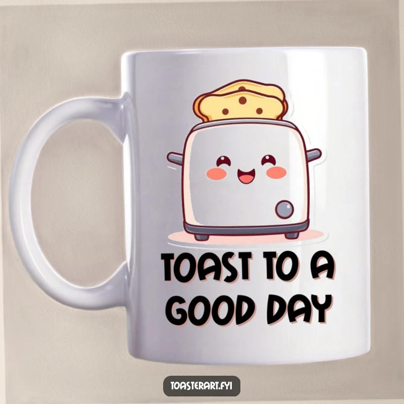 Funny toaster mug featuring a happy character popping up with smile-shaped toast, a cheerful and funny gift.
