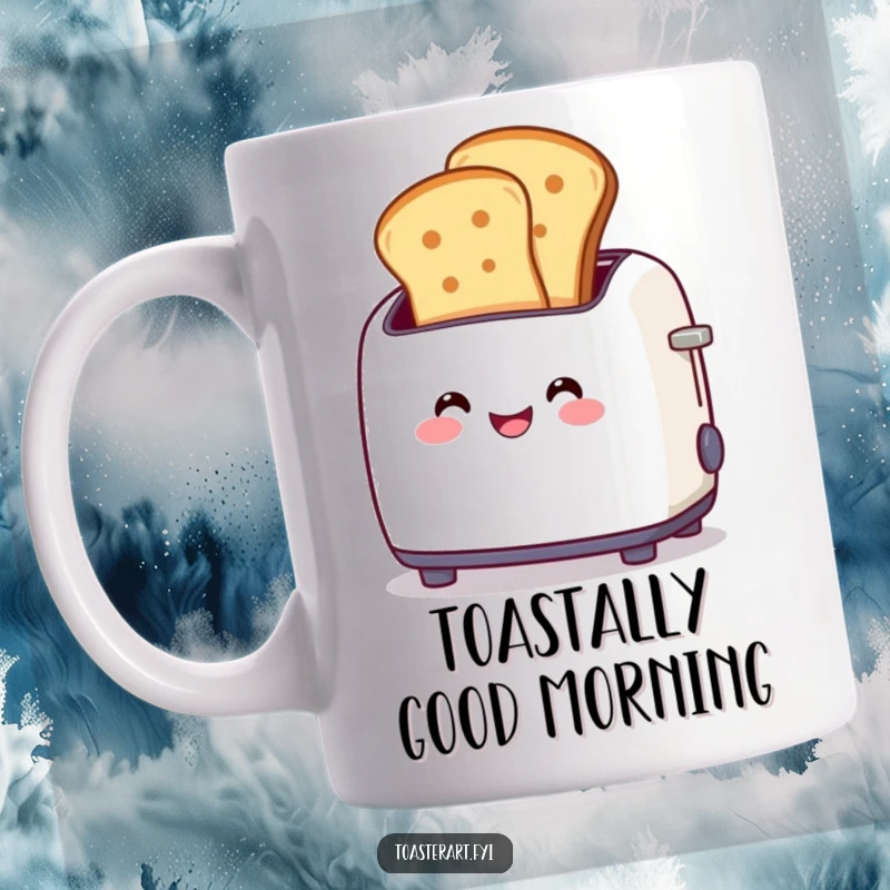 Funny mug depicting a smiling toaster character gleefully popping out two perfectly browned toast slices, celebrating breakfast joy.