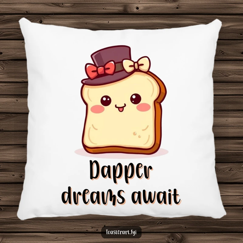 Funny pillow with a toast slice wearing a top hat, bowing with delight, providing comfort and sophisticated breakfast themes.