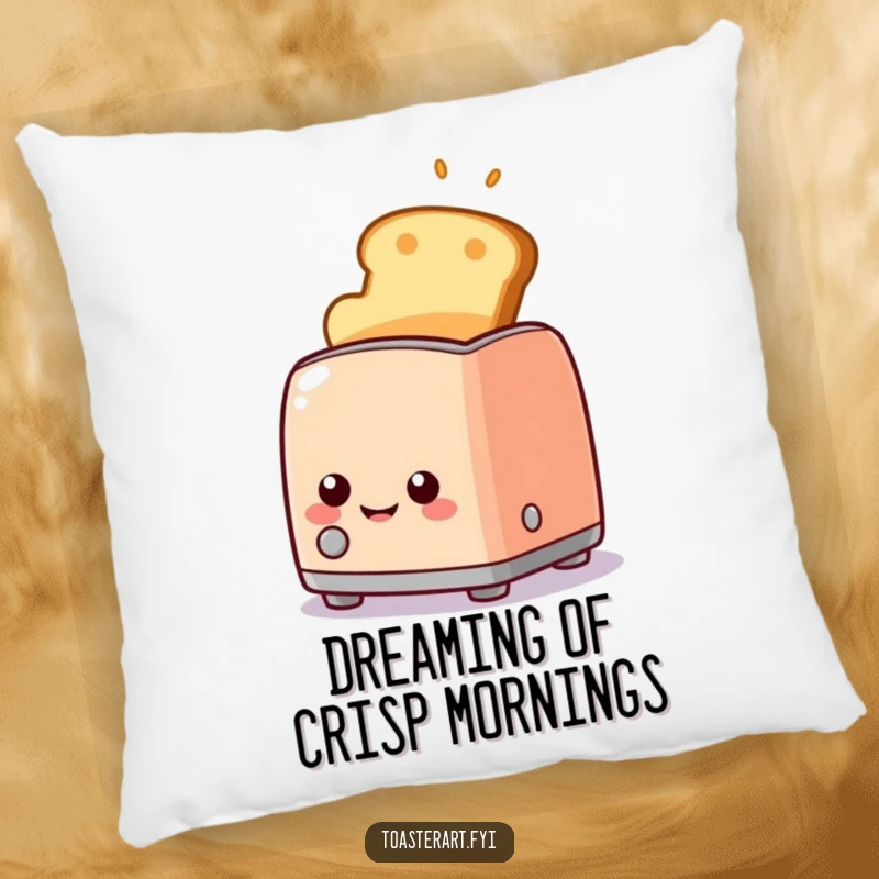 Funny toaster character with golden toast and a smile, decorative pillow, adding cozy humor and breakfast vibes.