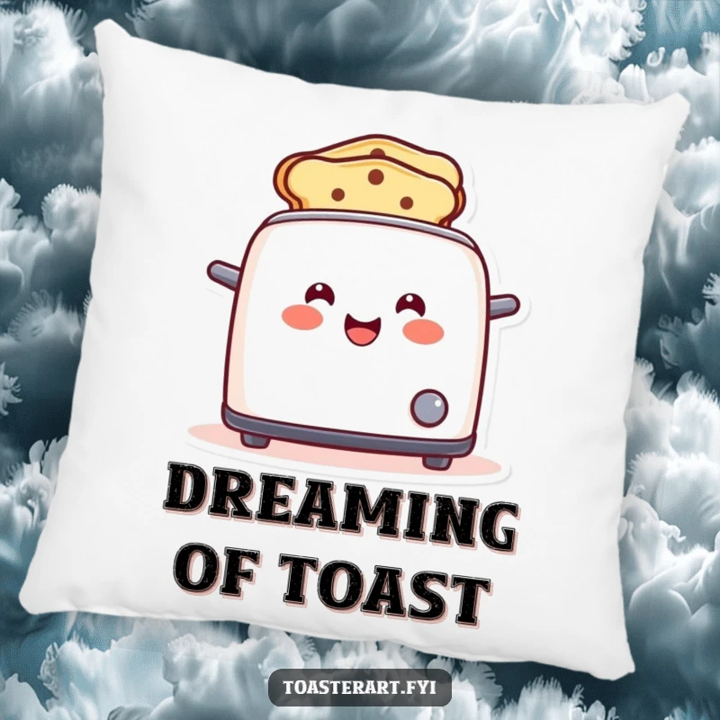 Funny toaster pillow featuring a happy character popping up smile-toast, perfect for comfort and as a funny gift.