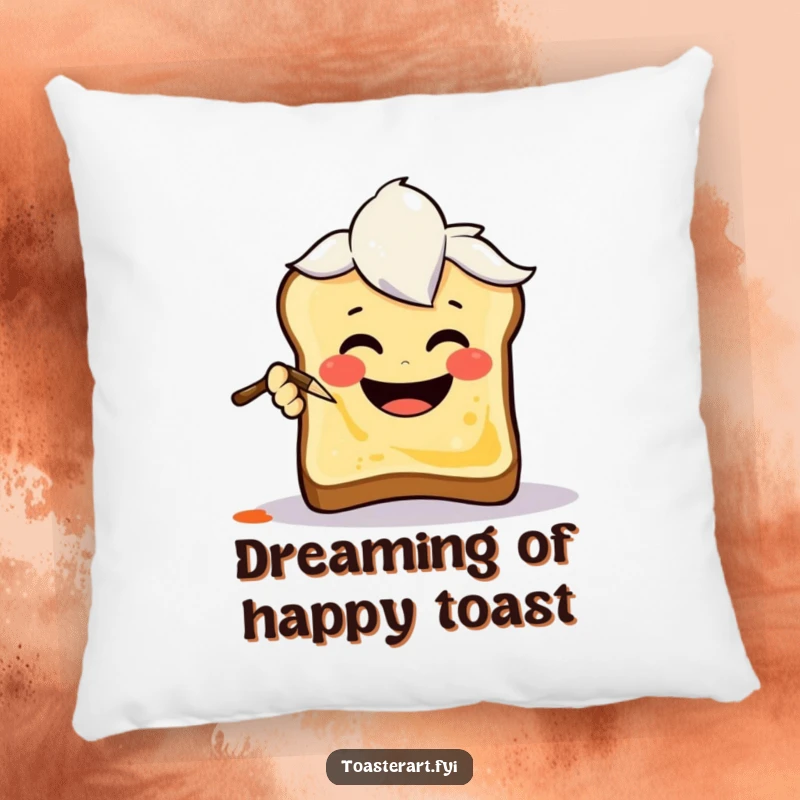 Funny Pillow featuring a cheerful art brush character painting a smiley face on toast, adding humorous comfort to living spaces.