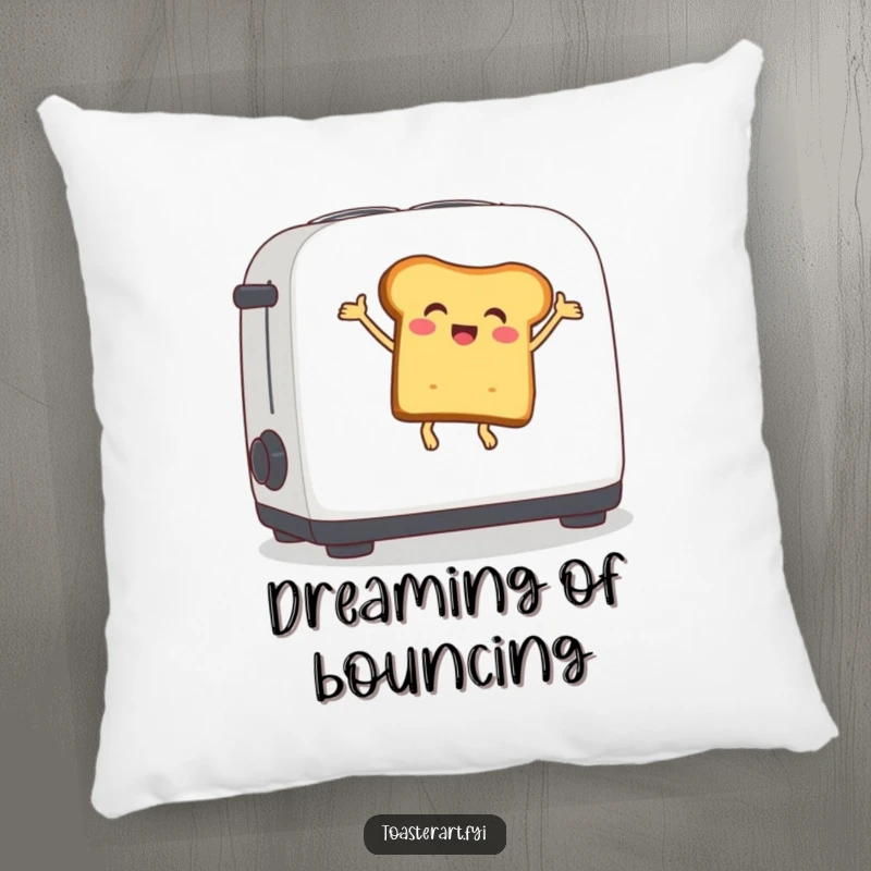 Funny pillow showcasing a delighted bread slice character energetically bouncing on a toaster lever, offering cozy humor.