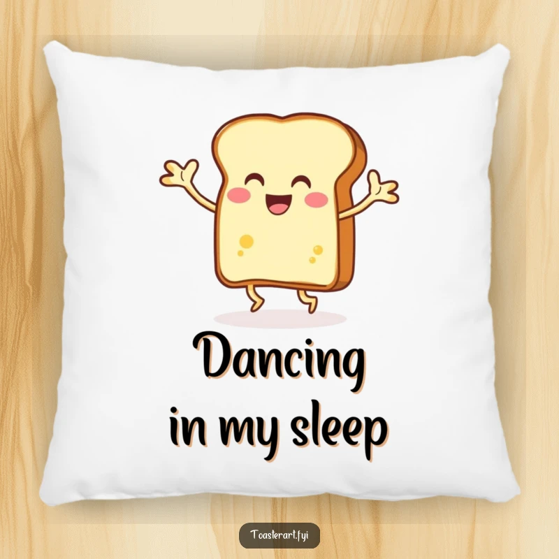 Funny slice of toast dancing energetically with buttery arms, decorative pillow, adding cozy humor and breakfast-themed fun.