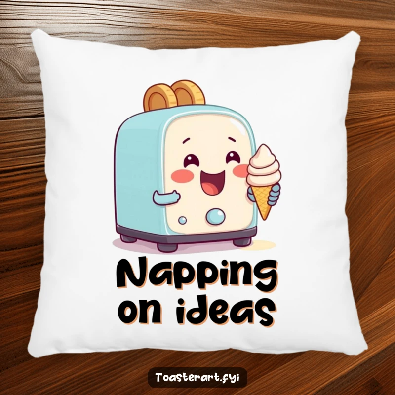 Funny pillow depicting a happy toaster character attempting to bake a tiny ice cream cone, cozy and comedic dessert decor.