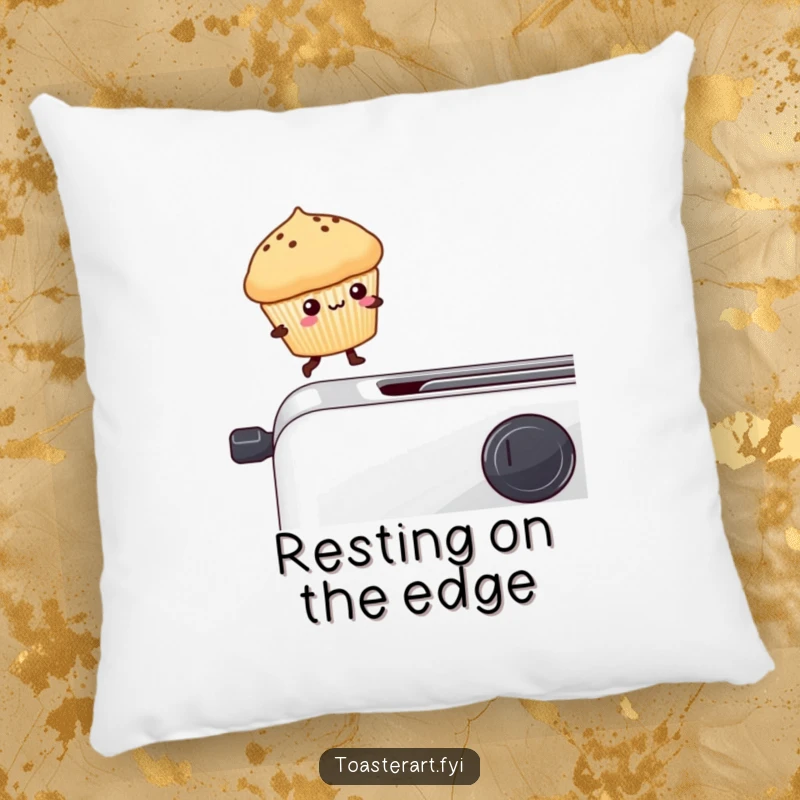 Funny kawaii muffin balancing on a toaster edge on a pillow, a humorous and comfortable decor item.