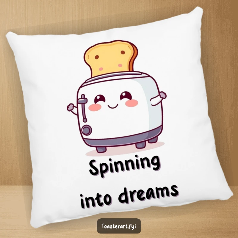 Funny Pillow showcasing a happy toaster character playfully spinning toast, offering comfort and a touch of whimsical charm.