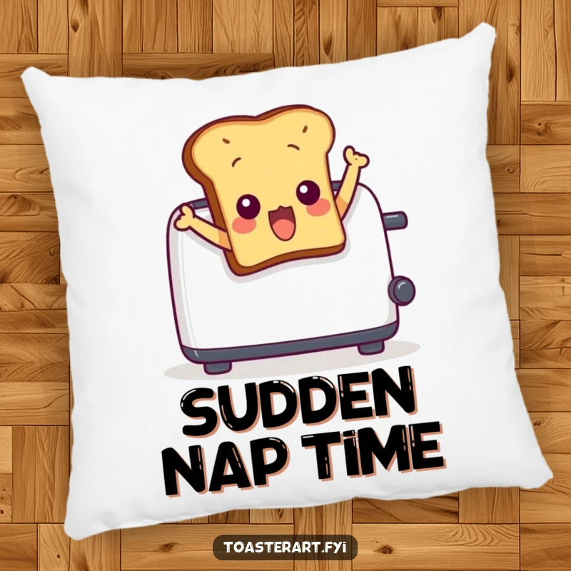 Funny pillow with a surprised toast character comically leaping out of a toaster. Soft, comfortable, and humorous decor.