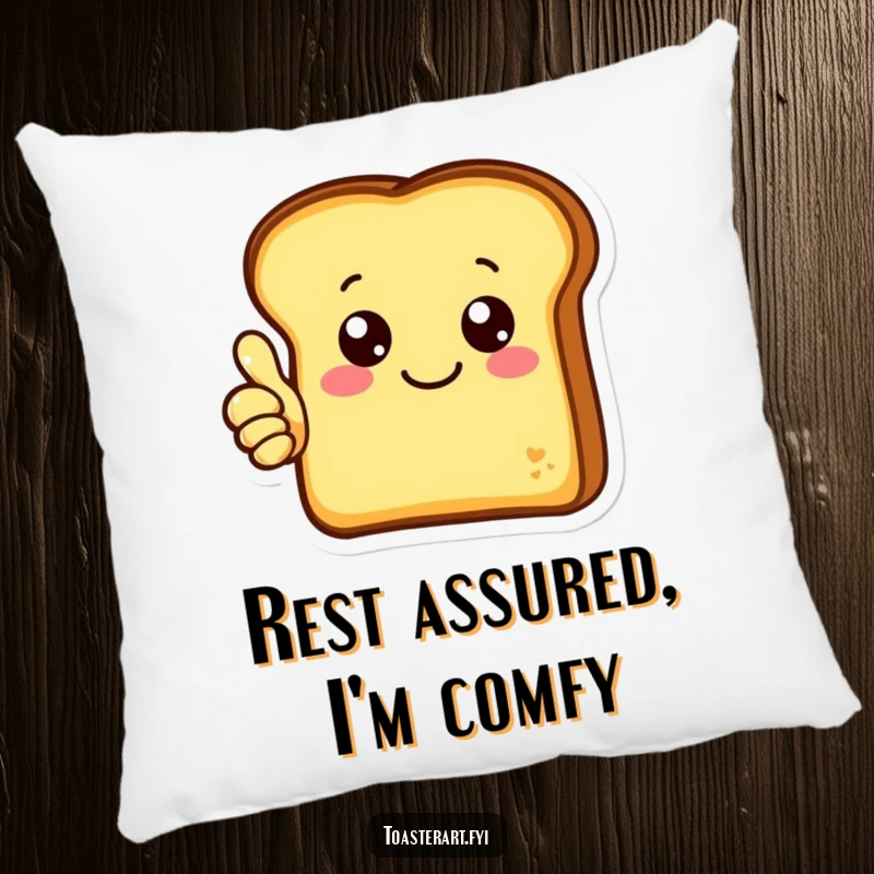 Funny pillow showcasing a cheerful toast character giving a thumbs up, offering cozy comfort and positive vibes.