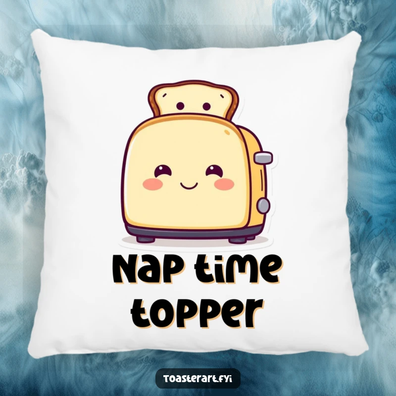 Funny pillow showcasing a smiling toaster character wearing toast as a hat, offering cozy humor and breakfast style.