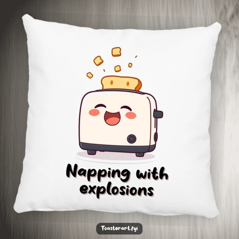 Funny Pillow featuring a toaster character laughing hysterically during a toast ejection, offering comfort and humor.