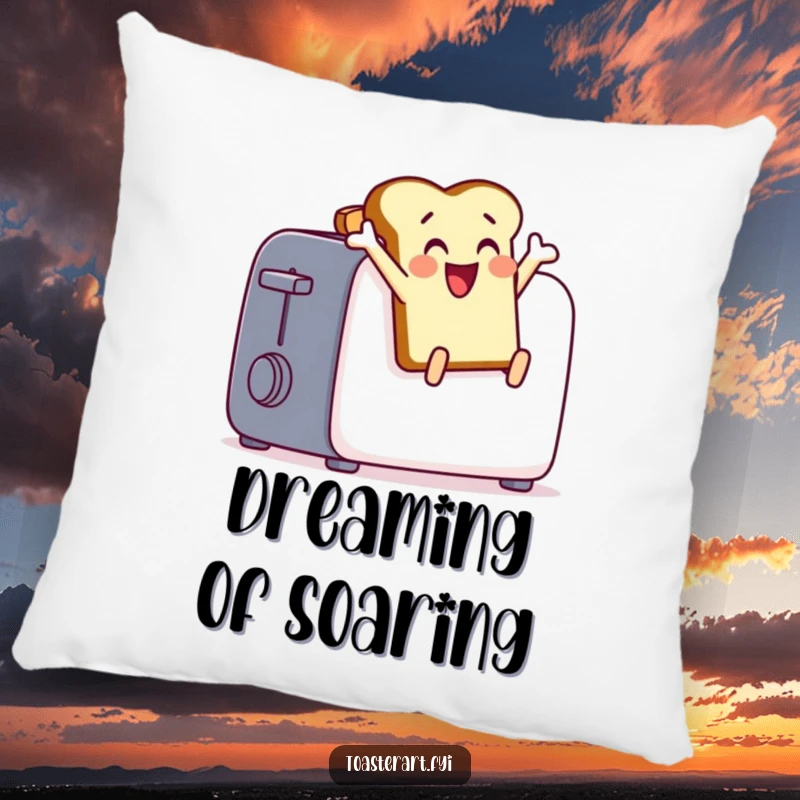 Funny toast character leaping from a toaster on a pillow, a humorous and comfortable decor item.