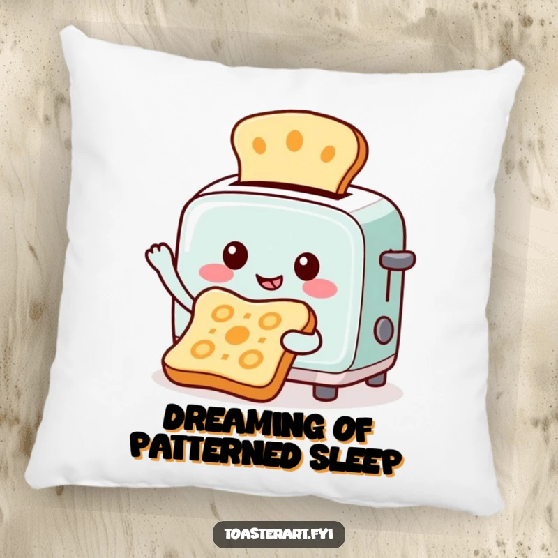 Funny pillow with a cheerful toaster character creating art by toasting patterns onto bread, providing comfort and artistic breakfast themes.