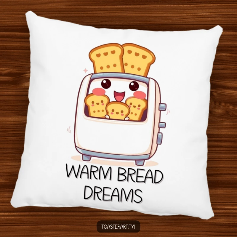 Funny pillow featuring a smiling, cheerful toaster character about to eject perfectly browned toast figures, offering comfort and humor.