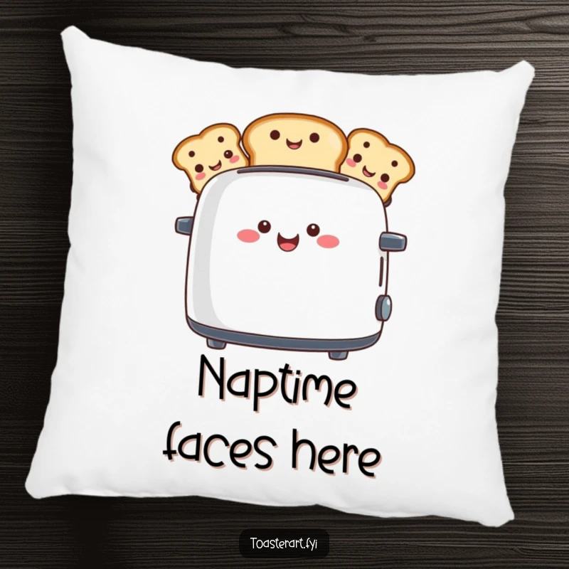 Funny pillow adorned with a cheerful toaster character presenting toast slices with funny faces, soft, comfy, and wonderfully amusing.