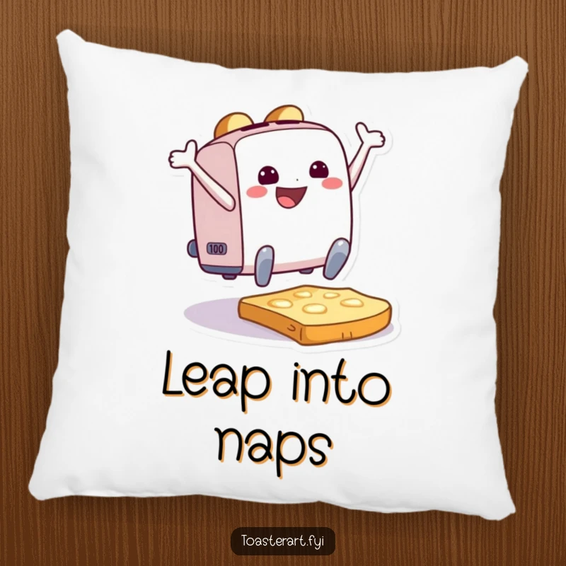 Funny Pillow showcasing a beaming toaster character in a joyful leap onto a slice of toast, offering comfort and charm.