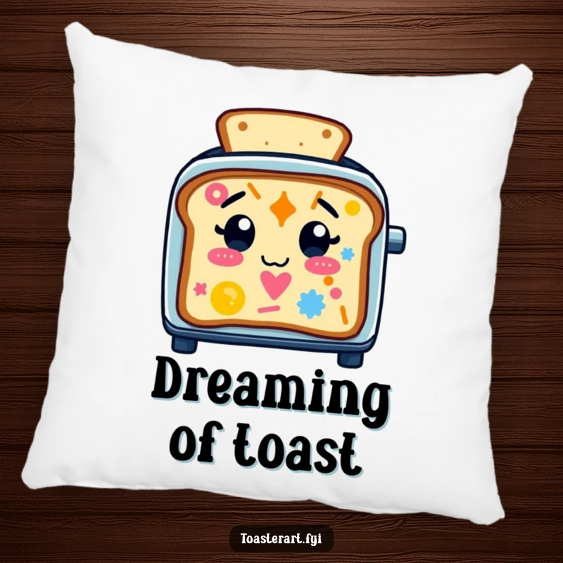 Funny Pillow featuring a happy toaster character creating colorful toast art, adding a touch of quirky comfort and humor to home decor.