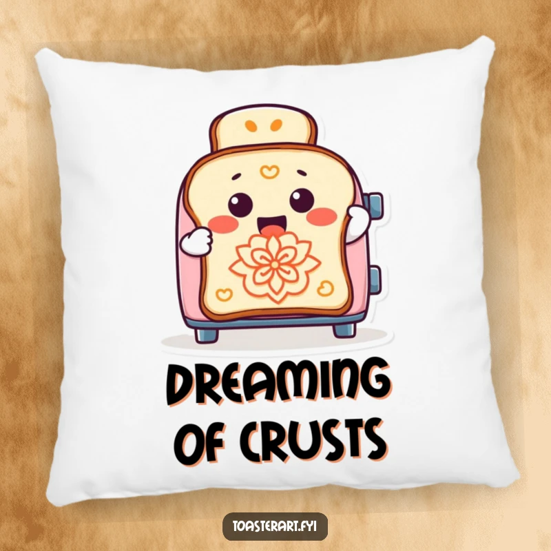 Funny pillow featuring a cheerful toaster character creating artistic toast designs, offering cozy and humorous home decor.