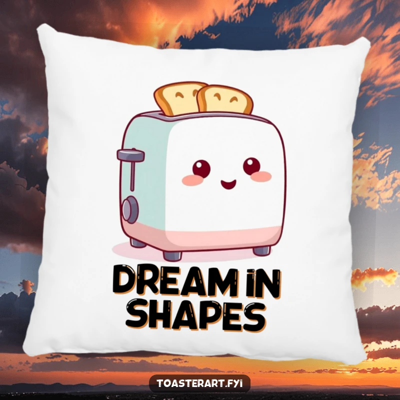 Funny pillow design of a happy toaster creating toast in funny shapes, perfect for relaxing with art.