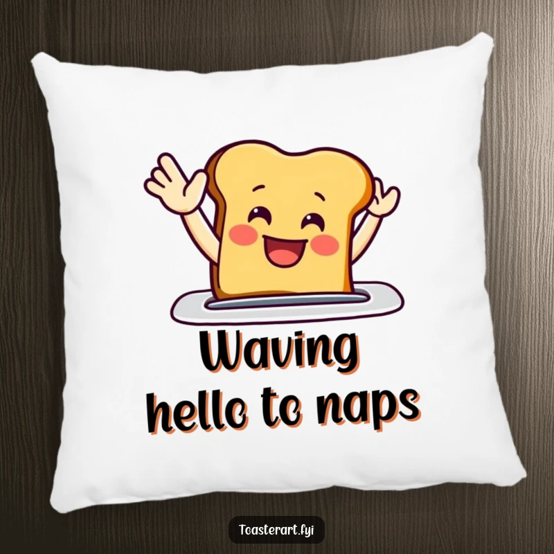 Funny pillow with a grinning toast slice enthusiastically waving from a toaster slot, providing comfort and a cheerful breakfast theme.