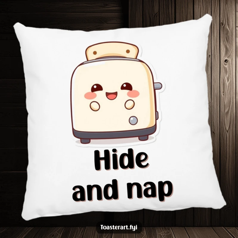 Funny, laughing toaster character peeking from toast slots on a soft pillow, adding humorous comfort to your space.