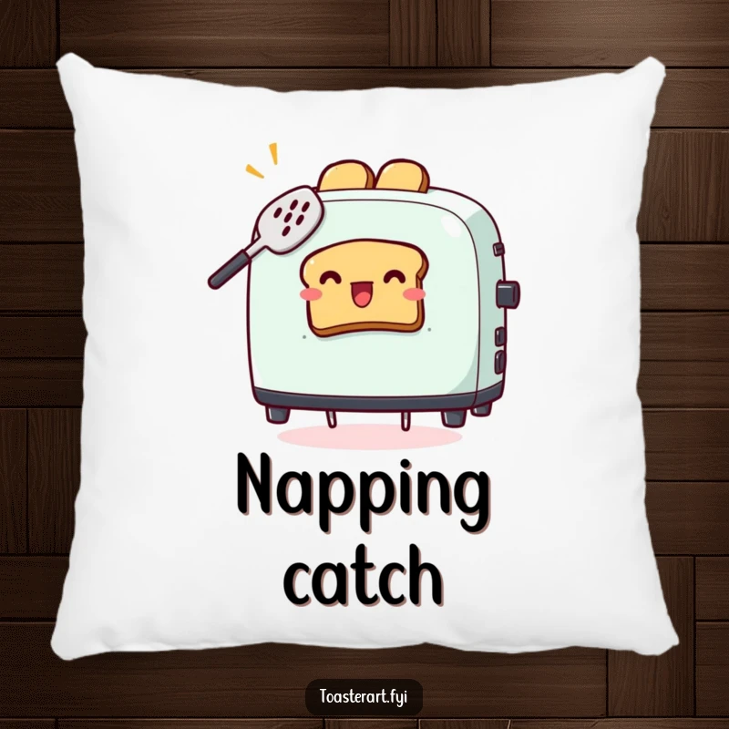 Funny pillow featuring a toaster character comically trying to catch flying toast with a spatula, a cozy and humorous accent.