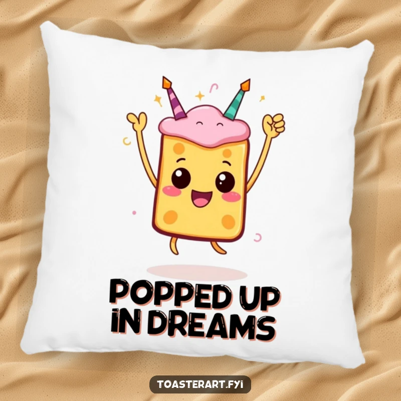 Funny toast pillow featuring a jumping character in a celebratory pose, perfect for adding comfort and a humorous, festive touch.