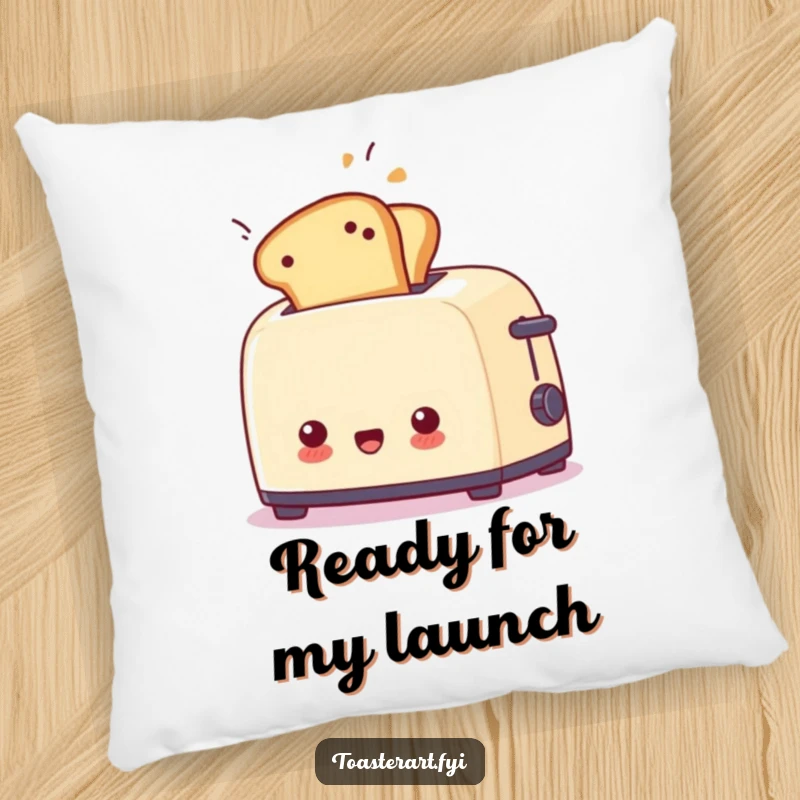 Funny surprised toaster pillow with toast flying out unexpectedly, a soft and humorous home decor accent.