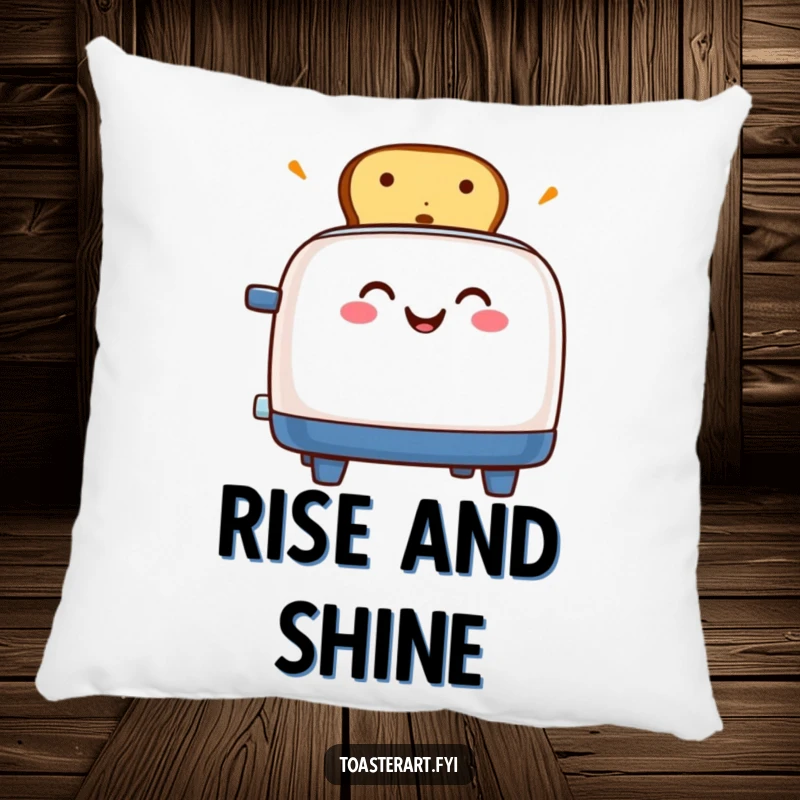 Funny pillow featuring a grinning toaster character popping up toast, offering comfort and a dose of morning humor.