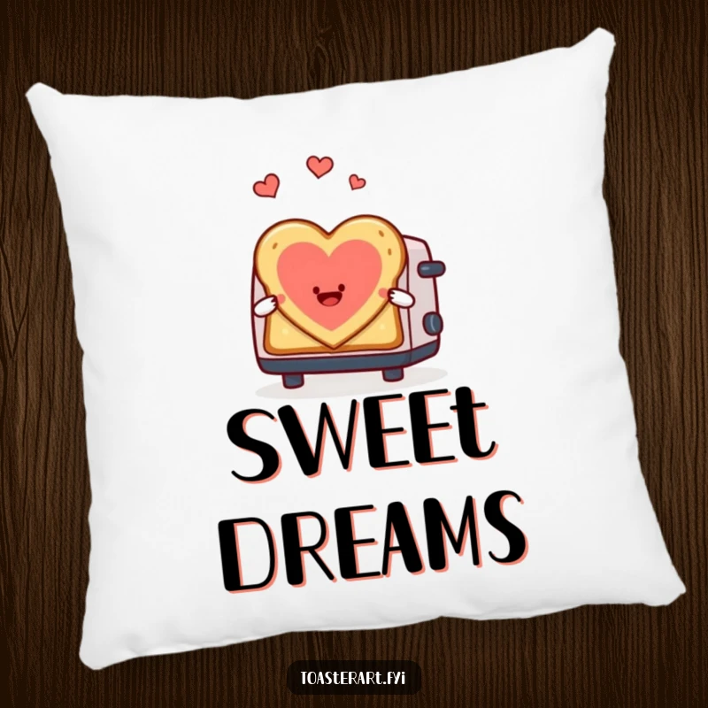 Funny pillow featuring a toaster character gleefully making heart-shaped toast art, a cozy and romantic accent piece.