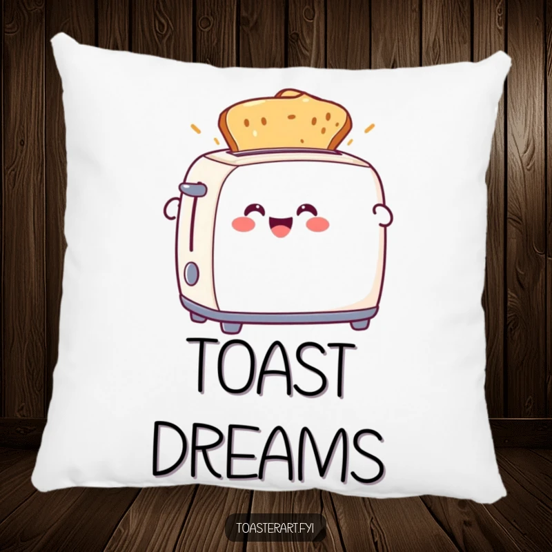 Funny pillow with a cheerful toaster character ejecting perfectly browned toast. Soft, comfortable, and humorous home decor.