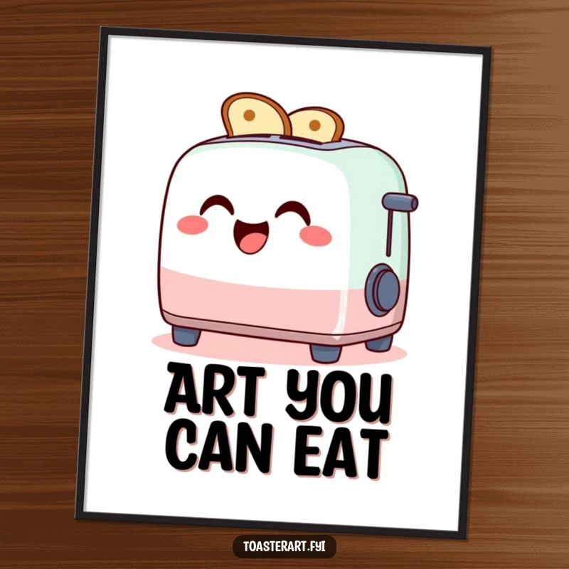 Funny digital art print of a giggling toaster character making toast art, instant humorous wall decoration.